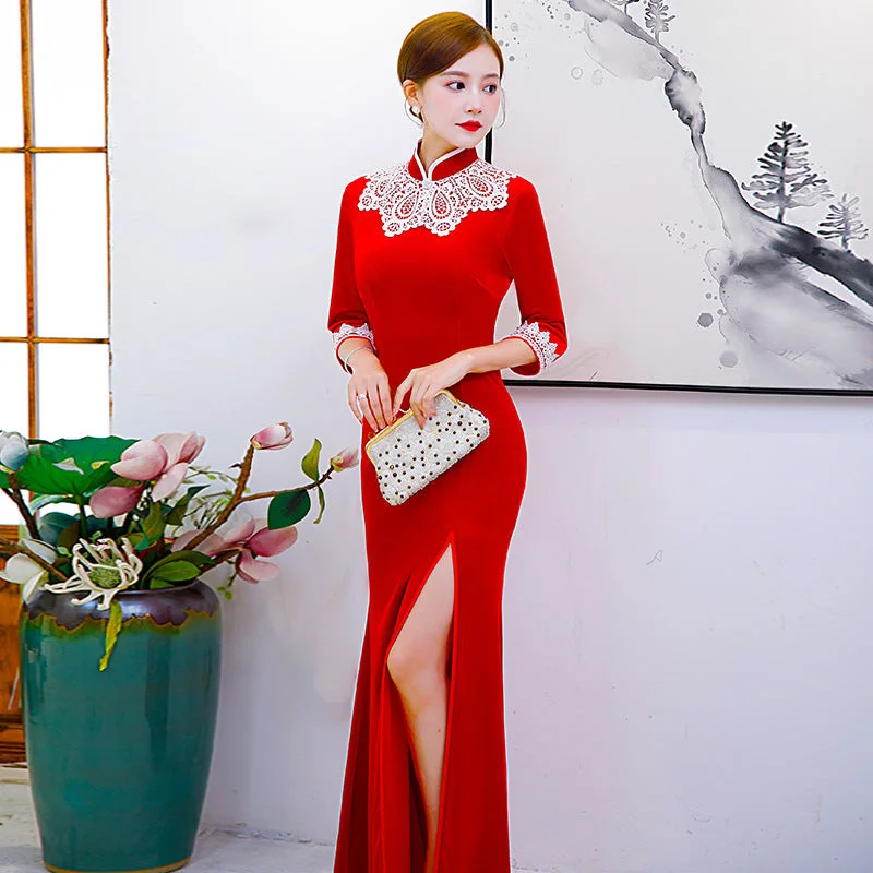 Floral Lace Edge Velvet Cheongsam Mermaid Chinese Dress Evening Gown