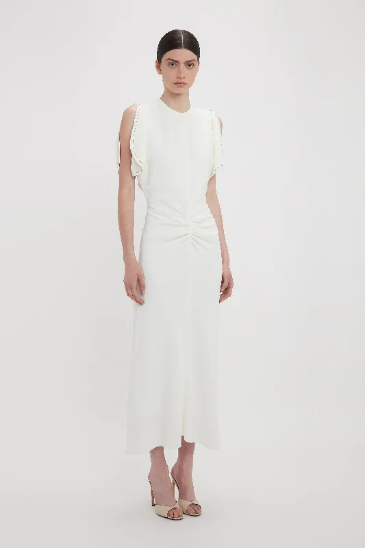 Exclusive Gathered Waist Midi Dress In Ivory