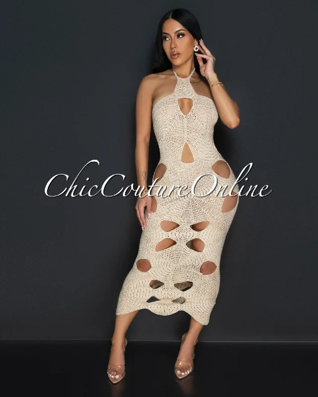 Isadore Beige Crochet Cut-Out Halter Midi Dress