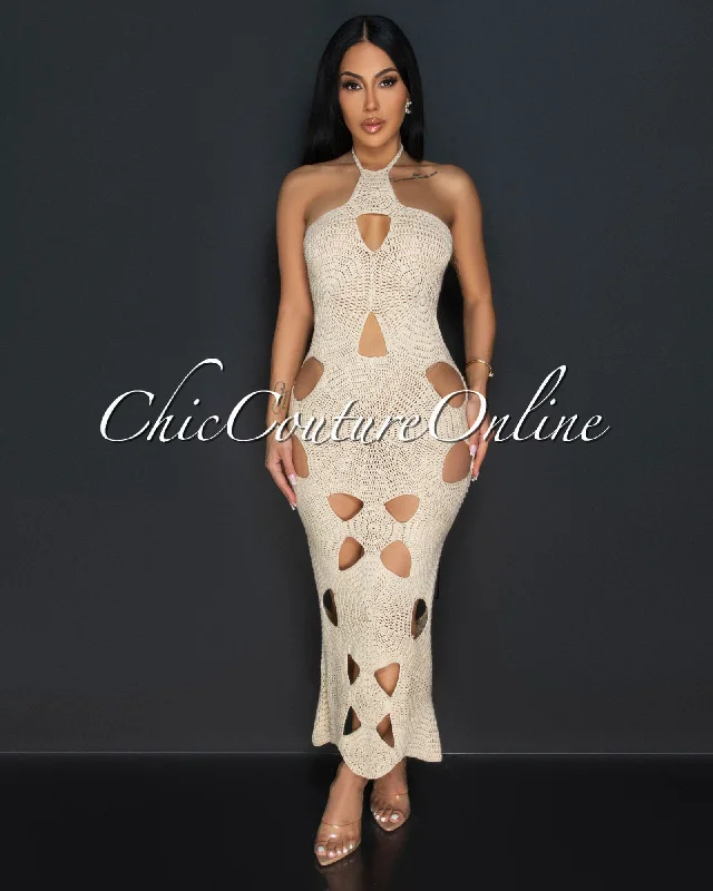 Isadore Beige Crochet Cut-Out Halter Midi Dress