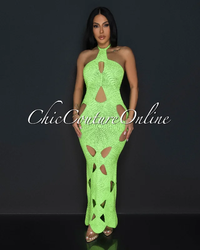 Isadore Neon Green Crochet Cut-Out Halter Midi Dress