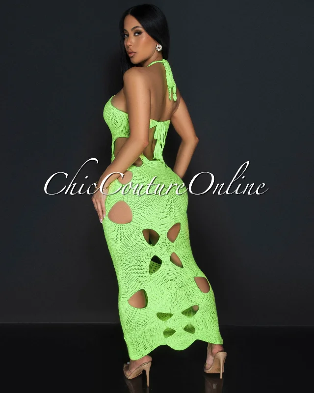 Isadore Neon Green Crochet Cut-Out Halter Midi Dress