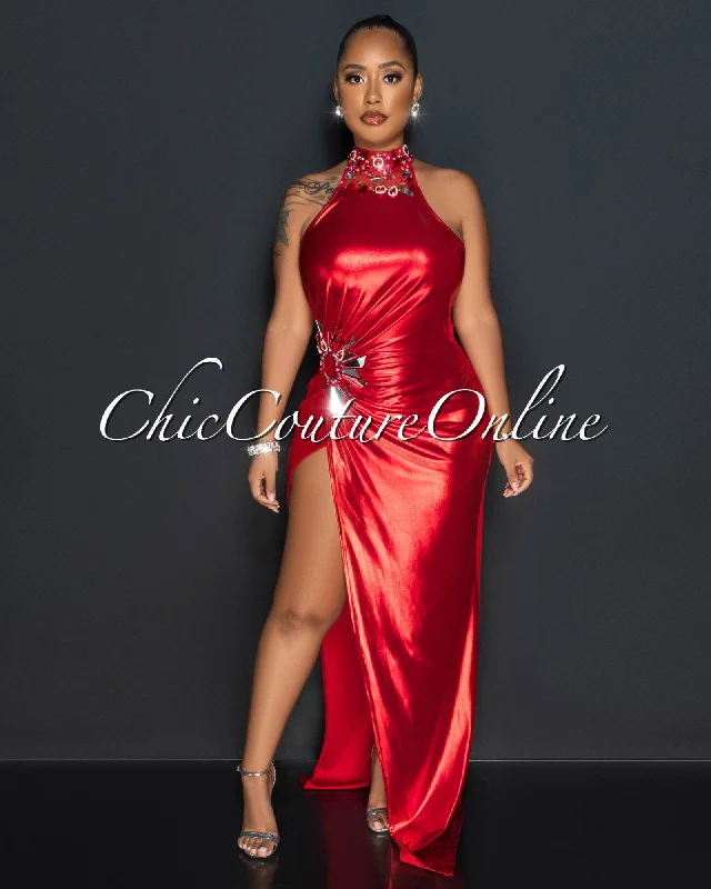 Jonah Red Shimmer & Velvet Rhinestones Maxi Dress