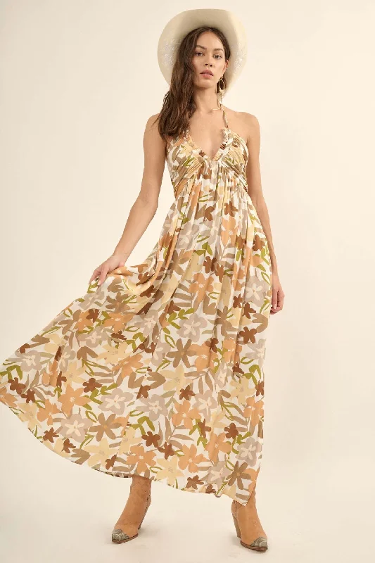 Jungle Blooms Floral Halter Tie-Back Maxi Dress