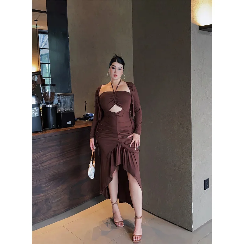 Leena Plus Size Solid Color Brown Halter Cut Out Ruched Long Slim Dress + Long Sleeve Brown Caardigan Set