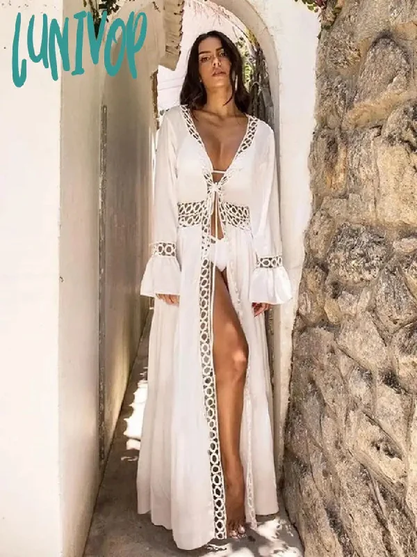 Lunivop Club Sexy Hollow Out White  Summer Dress Beach Tunic Women Beachwear Long Sleeve Front Open Self Belted Maxi Dresses