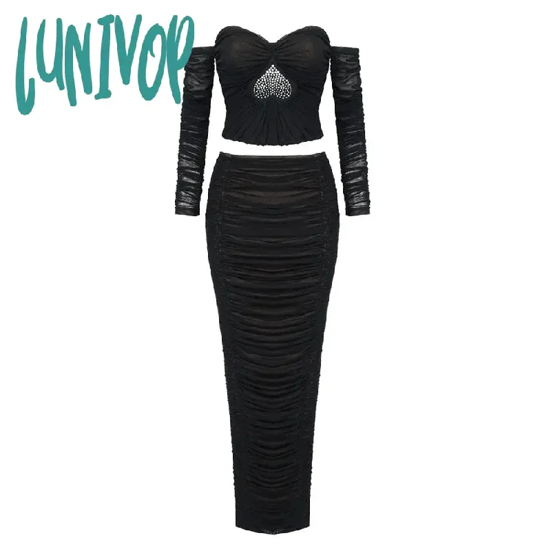 Lunivop WomenSexy Off Shoulder Heart Diamonds Black Ruched Midi Bodycon Bandage Skirt Set  Knitted Elegant Evening Club Party Dress