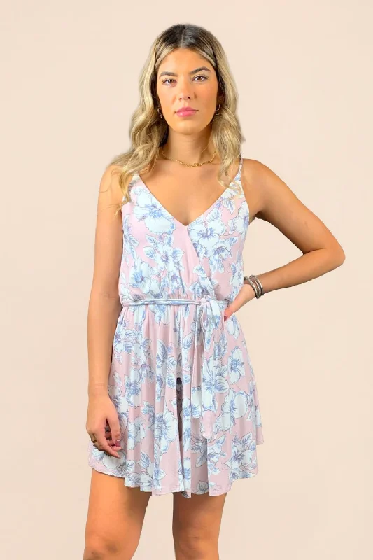 Mauve Tropical Floral Wrap Bodice Dress