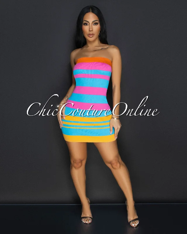 Sachiko Fuchsia Blue Striped Tube Mini Dress