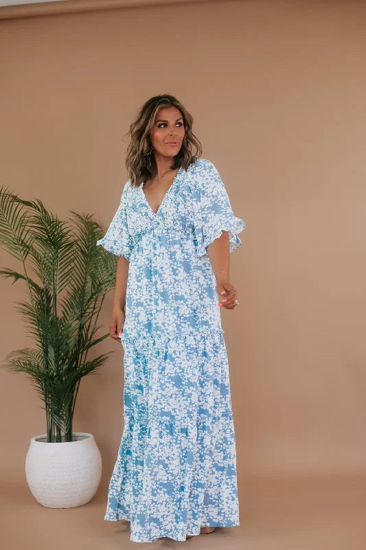 Floral Flutter Sleeve Maxi Dress Dress, Blue