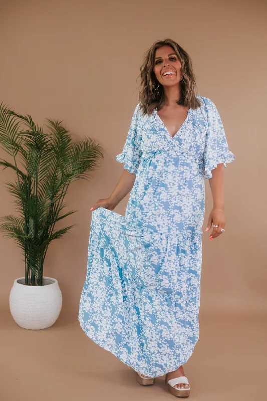 Floral Flutter Sleeve Maxi Dress Dress, Blue