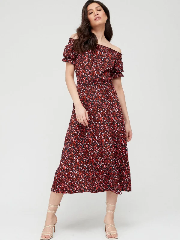 Shirred Waist Bardot Midi Dress - Floral Print. UK 16 **** SW6