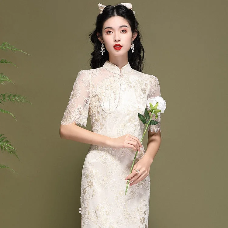 Stunning Beaded Lace Cheongsam Floral Lace Chic Chinese Dress