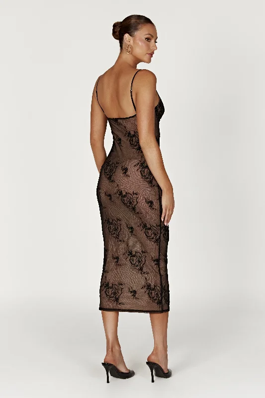 Venice Embroidered Mesh Midi Dress - Black