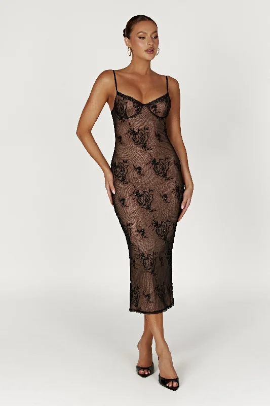 Venice Embroidered Mesh Midi Dress - Black