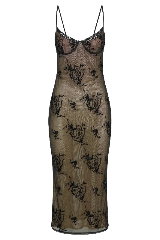 Venice Embroidered Mesh Midi Dress - Black