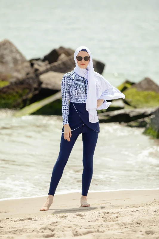 Blue Houndstooth Print 3 Piece Modest Swimsuit