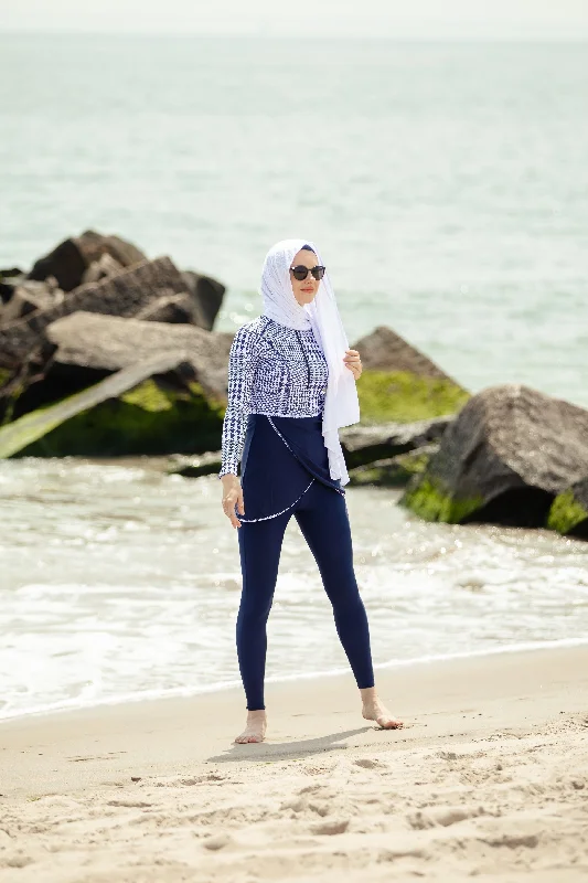 Blue Houndstooth Print 3 Piece Modest Swimsuit