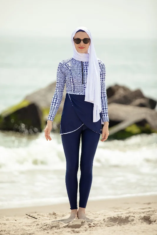 Blue Houndstooth Print 3 Piece Modest Swimsuit