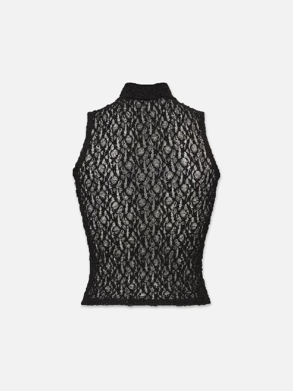 Sleeveless Mesh Mockneck Top -- Black