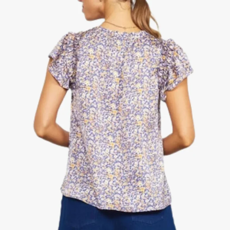 Short Sleeve Satin Printed Split Neck Top (Indigo)