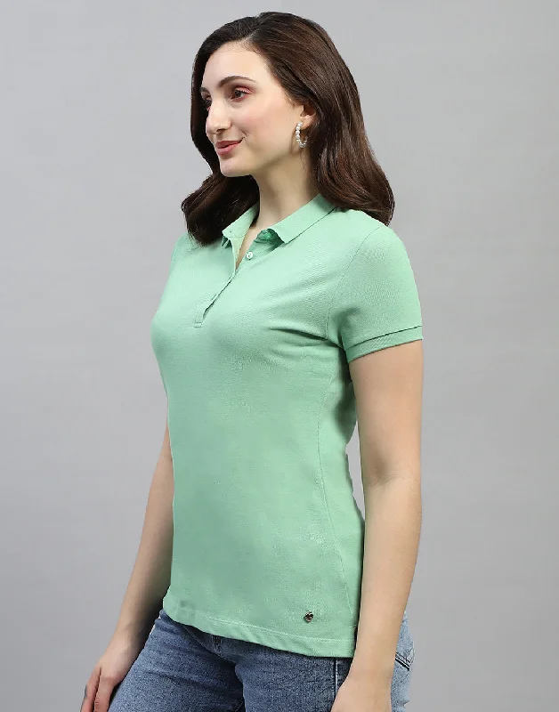 Women Green Solid Polo Collar Half Sleeve T Shirt