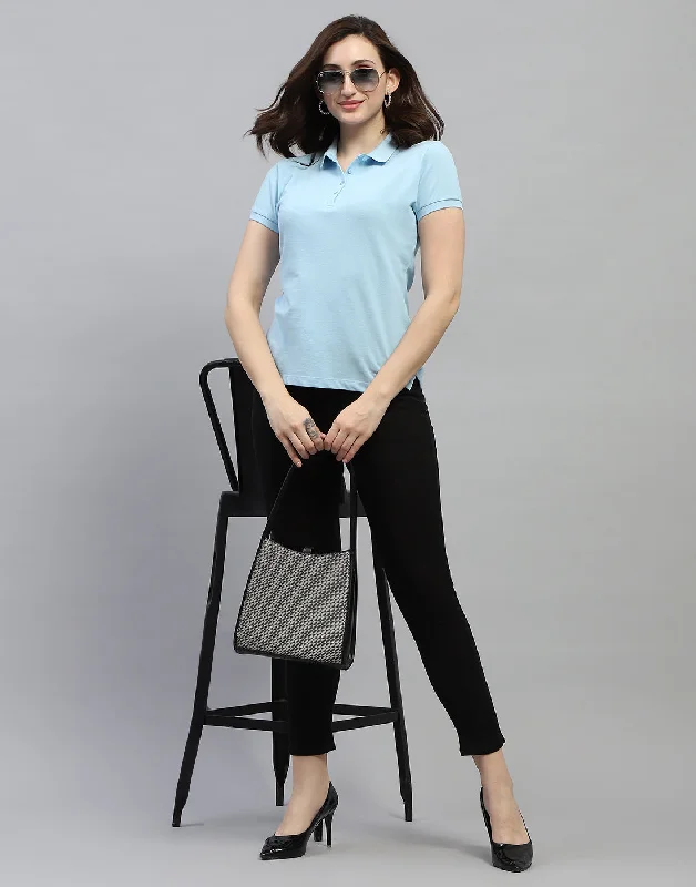 Women Sky Blue Solid Polo Collar Half Sleeve T Shirt