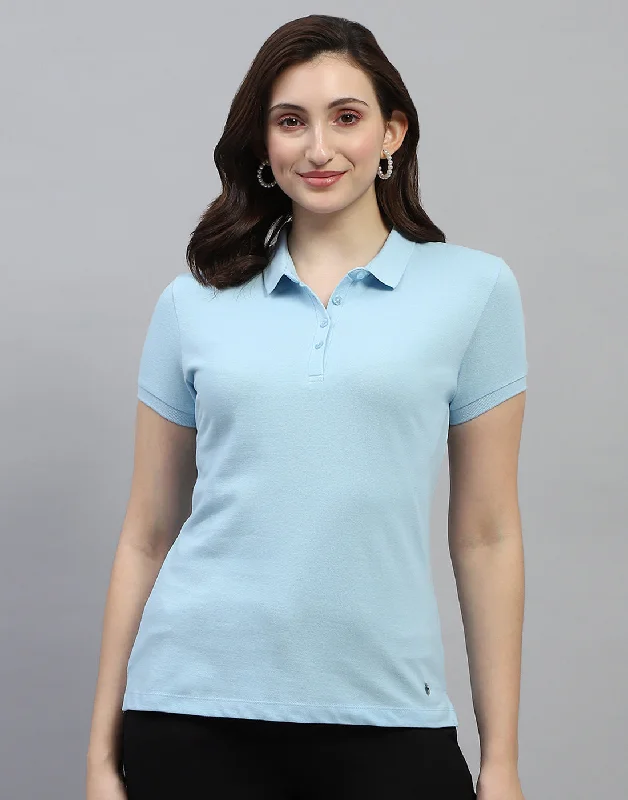 Women Sky Blue Solid Polo Collar Half Sleeve T Shirt