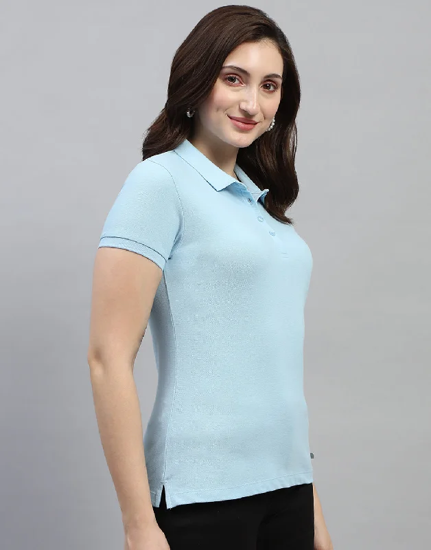 Women Sky Blue Solid Polo Collar Half Sleeve T Shirt