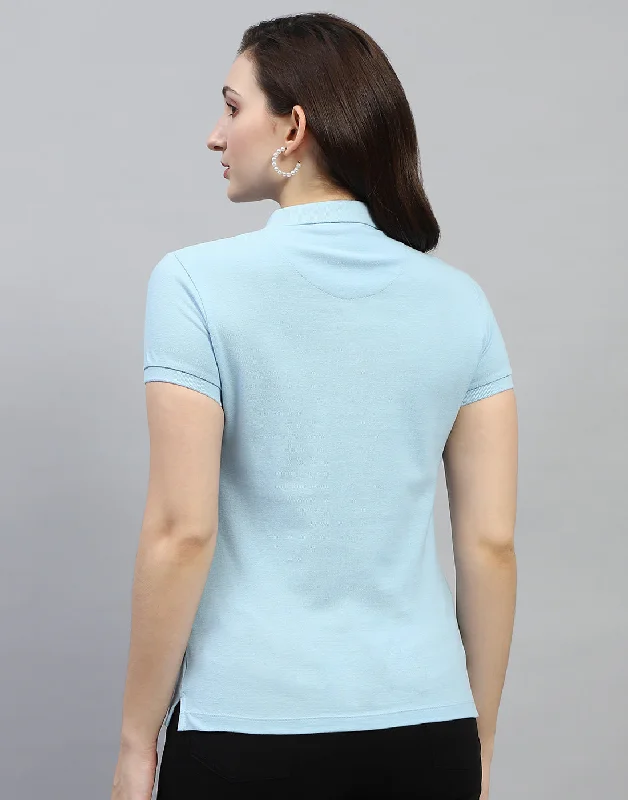 Women Sky Blue Solid Polo Collar Half Sleeve T Shirt