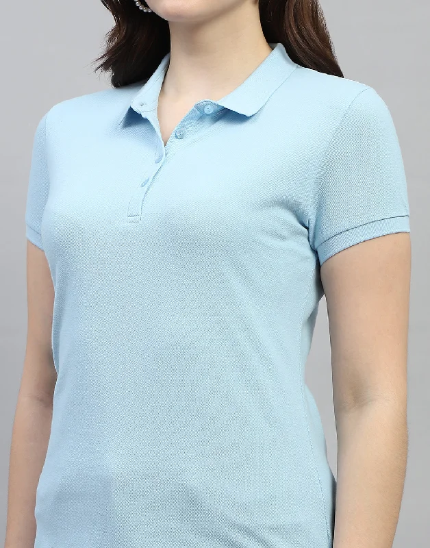 Women Sky Blue Solid Polo Collar Half Sleeve T Shirt