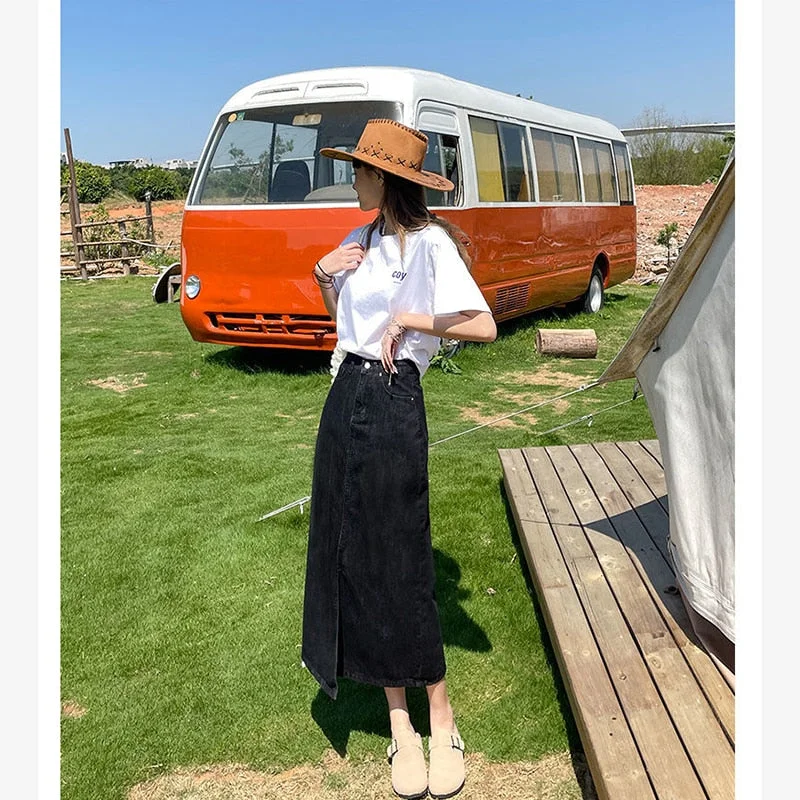 Vintage High Waist Women Denim Midi Skirt Summer Thin Section Slit A Line Skirts Fashion Casual All Match Denim Skirts