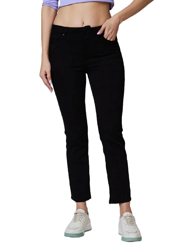 Spykar Mid Rise Slim Straight Fit Black Jeans For Women