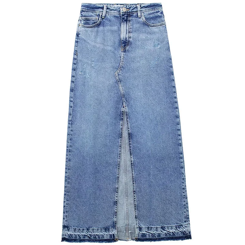 Women's Front Slit Blue Denim Skirt Pockets High Waist Slim Zipper Fly Midi Skirts Spring Female Casual Streetwear